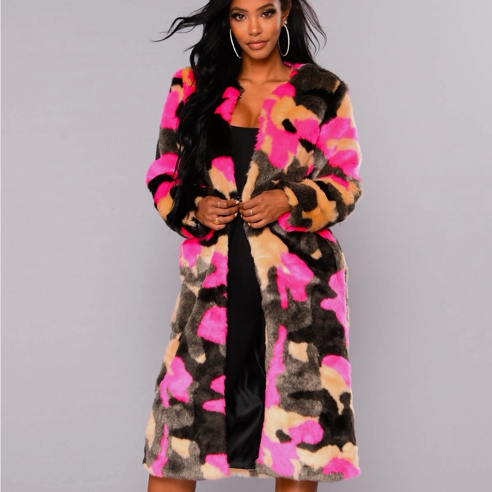 Fashion Nova Pink and Brown Camouflage Coat